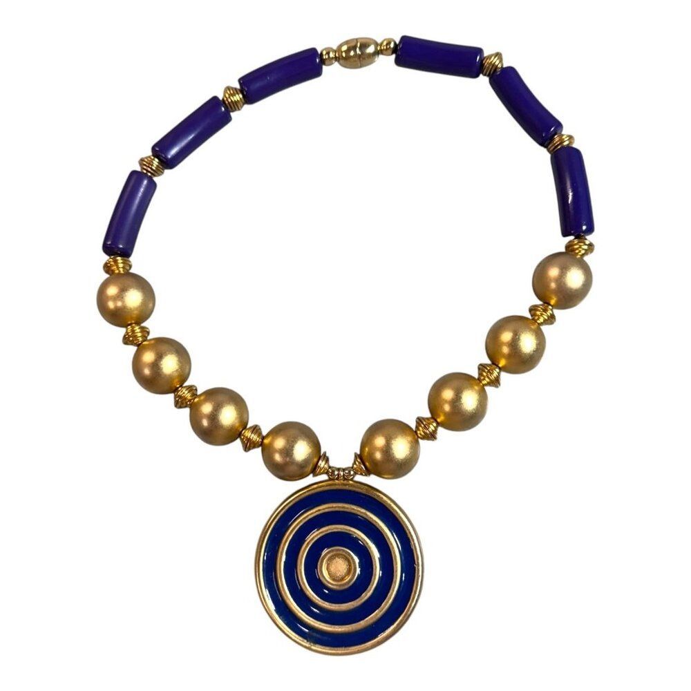 Vintage Chunky Runway Style Gold Blue Beaded Statement Necklace Circular Pendant